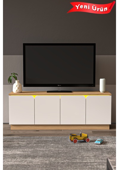 Led Işıklı Tv Ünitesi Mdf Kapak 150 Cm Beyaz