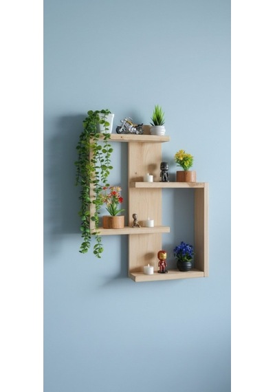 Ahşap Dekoratif Duvar Rafı - 60x50 Cm Modern Tasarım - Çift Taraflı Bantlı Montaj Derinlik 10 Cm Bej