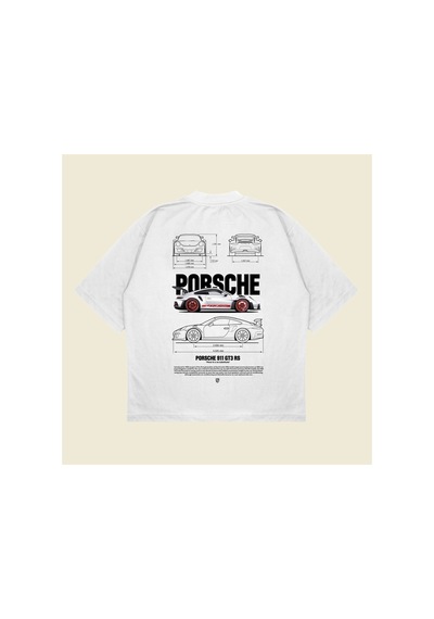 Tarzsokak Gray Porsche 911 Baskılı Oversize Unisex Pamuklu Nefes Alan Kalın Kumaşlı Beyaz