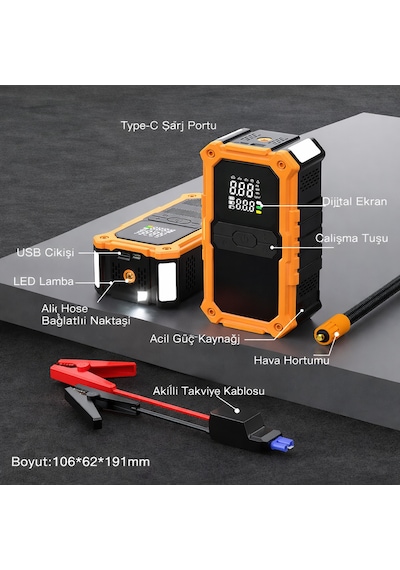 Merwish 24000 Mah Akü Takviye Cihazı 2000a Tepe Akımı Hava Kompresörü 150 Psı Powerbank Led Işık Type-c Şarj Dijital Ekran Eh03