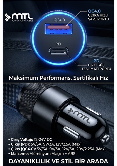 Araç Şarj Aleti Çakmaklık 38w Type-c + Usb Çift Portlu - Qualcomm Qc 4.0 Desteği Mt-a1833
