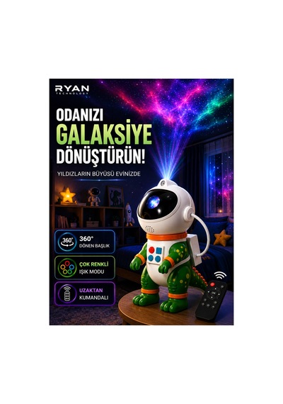 Galaksi Yıldız Projektör Gece Lambası Astro Dino 360 Döner Uzaktan Kumandalı Çocuk Odası Projektörü Çok Renkli