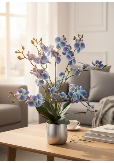 Yapay Çiçek Mavi 9 Dallı Islak Orkide Gümüş Metal Saksıda Saksıda Orkide 60cm Mavi