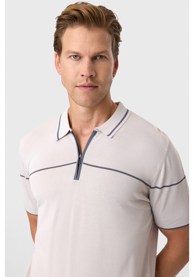 Back And Bond Gri Regular Fit Fermuarlı Polo Yaka Triko Tişört Açık Gri