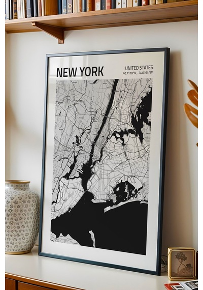 New York Abd Haritası Çerçeveli Tablo Lüks Salon Ofis Duvar Dekorasyonu Hediyelik Tablo