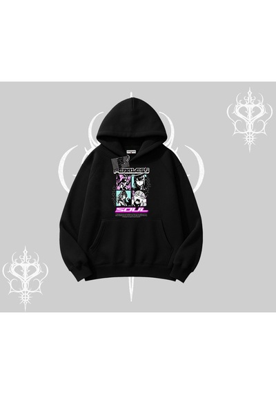 Startmore Kapşonlu Sweatshirt Fearless Soul Anime Kolaj Baskılı Siyah