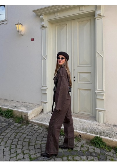 Mürdüm Bağlamalı Denim Ceket Pantolon Takım