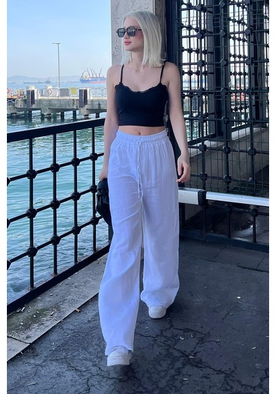 Madmext Beyaz Bol Paça Müslin Kadın Pantolon Mg1980-beyaz Beyaz