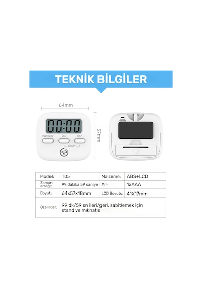 NPO NPT05B Mutfak,Ders,Yemek için 99:59dk Dijital Alarm Kronometre,Pomodoro Öğrenci Motivasyon Saati