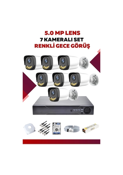 7 Kameralı Set - 5mp Sony Lensli Full Hd Renkli Gece Görüşlü Güvenlik Kamerası Sistemi - Dhsrm375ıc