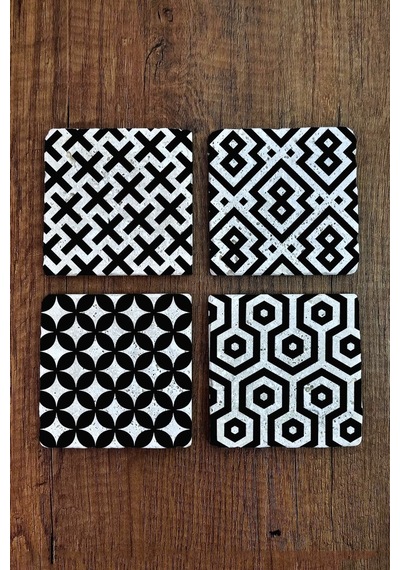 Taş Bardak Altlığı 4'lü Set - Tile Desen 10x10cm Çok Renkli