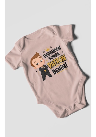 Morivokids Dedemden Sonra Patron Benim Kısa Kollu Bebek Body %100 Pamuk Pastel Pembe