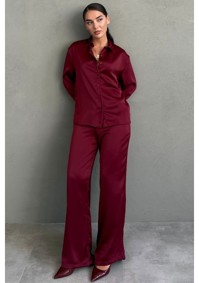 Madmext Bordo Saten Gömlek Pantolon Takım Mg2745