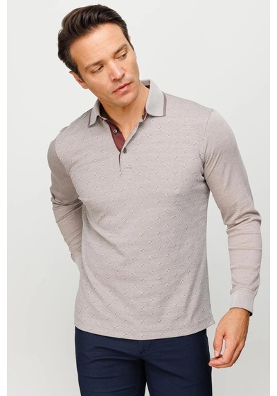 Desen Triko Erkek Polo Yaka Kare Desenli Uzun Kollu Sweatshirt Bej Bej