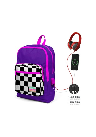 Coral High Kids Mor Dama Desenli Usb Şarjlı Kulaklık Çıkışlı Okul Çantası