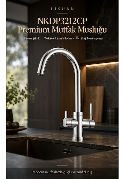 Nkdp3212cp Premium Krom 3 Akışlı Mutfak Musluğu Filtreli İçme Suyu Gümüş