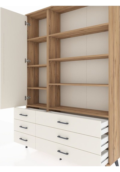 Arges Dolap 8 Raflı 6 Çekmeceli Tek Kapaklı 132x30x195 Çam-a... Çam