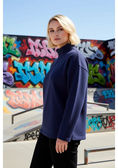 Benerly Kadın Dik Yaka Fermuarlı Düşük Kol Regular Kalıp Örme Sweatshirt Lacivert