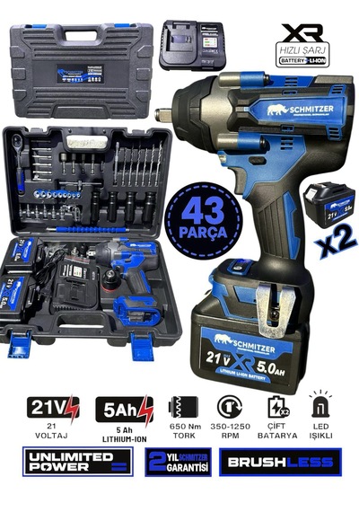 Schmıtzer Sch-9502m Pro 21v 15 Pilli Çift Akülü Kömürsüz Darbeli Vidalama 650 Nm Somun Sıkma Sökme Matkap
