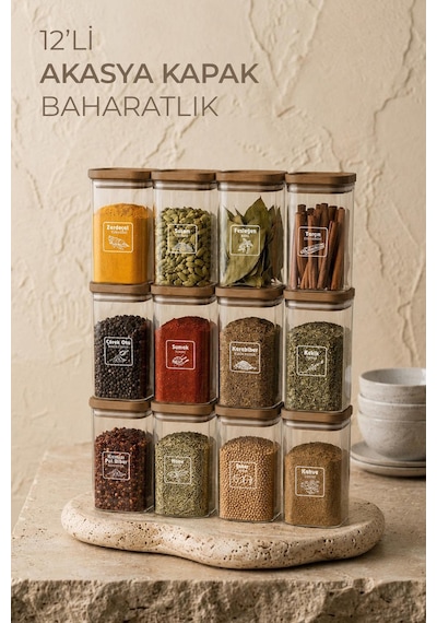 12'li Akasya Görünümlü Etiketli Sızdırmaz Kapaklı Baharatlık Seti 350 Ml Şeffaf