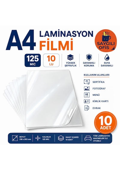 Saygılıofis Laminasyon Filmi A4 125 Mic 10 Adet