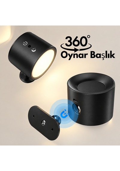 360 Derece Dönebilen Çift Işık Yönlü Şarjlı Aplik 3 Işık Rengi Kumandalı Mıknatıslı Siyah
