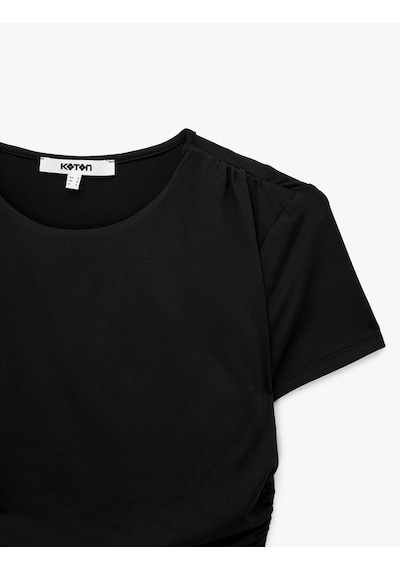 Koton Drape Detaylı Slim Fit Bisiklet Yaka Kısa Kollu Crop Tişört Siyah 6sak50066pk