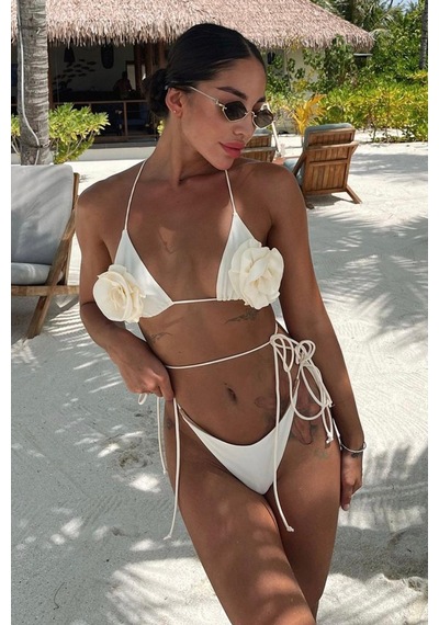 Big Rose Üçgen Bikini - Beyaz Beyaz
