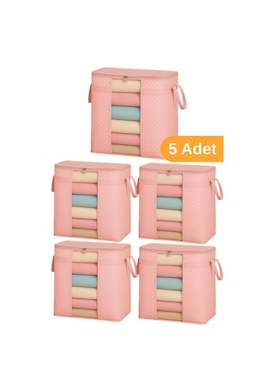 Serstil 5 Adet - Pencereli Saklama Çantası 50 X 45 X 30 Cm - Pembe Benekli