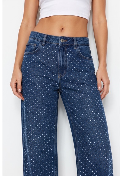 Kadın Koyu Mavi Likralı Yüksek Bel Önü Full Taşlı Wide Leg Geniş Paça Jean Kot Pantolon
