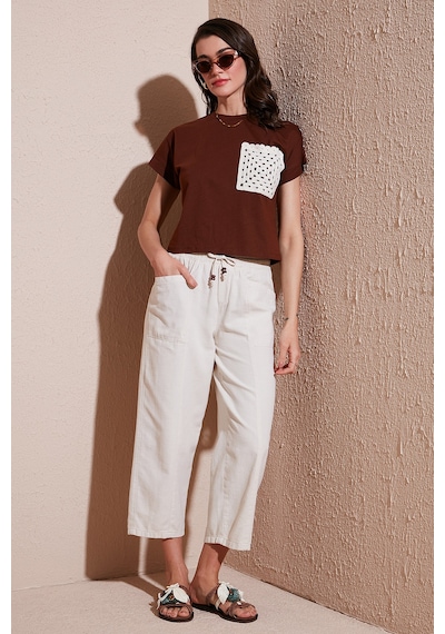Lela Pamuklu Relaxed Fit Yüksek Bel Geniş Kısa Paça Bayan Pantolon 668Yp5318 Taş