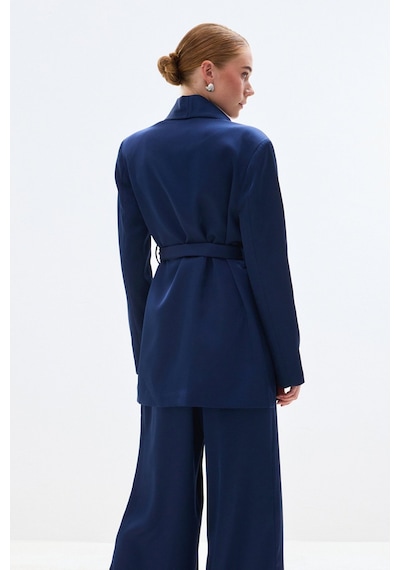 Sateen Kuşaklı Saten Ceket - Lacivert-137009 Lacivert