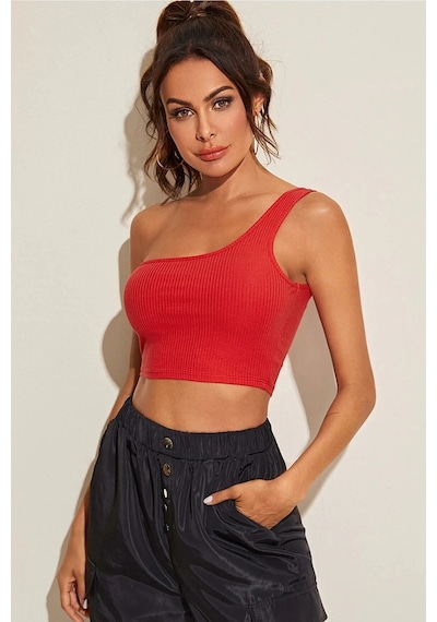 Modi Kadın Kırmızı Tek Omuz Crop Büstiyer