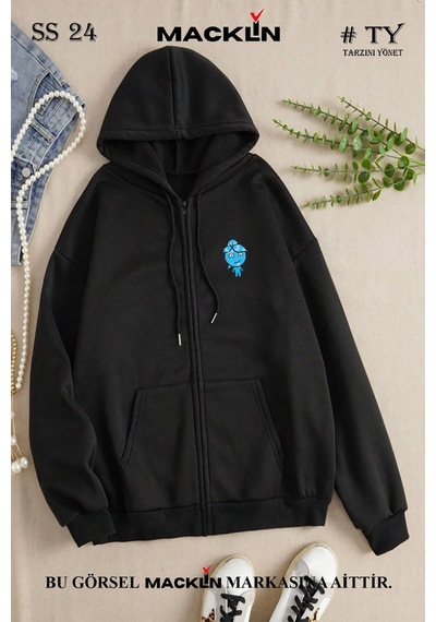 Macklin Unisex Kadın Erkek Ateş Ve Su Baskılı Kapüşonlu Fermuarlı Sevgili Tasarım Sweatshirt Polar Ceket Siyah1 Mck1121 Siyah
