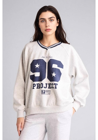 Defacto Oversıze V Yaka Baskılı Kalın Kumaş Sweatshirt G9597ax26spgr256 Gri-gr256