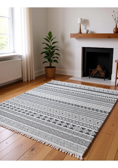 Gri Renk Etnik Desen Modern Halı Dekoratif Kilim