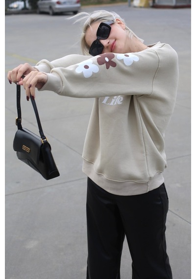 Bej Bisiklet Yaka Baskılı Sweatshirt Mg1572