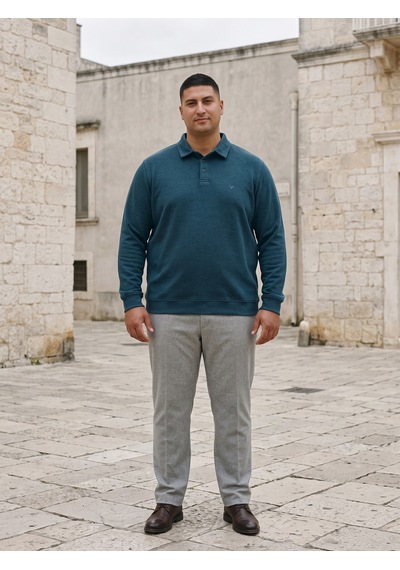 Maccali Erkek Petrol Büyük Beden Polo Yaka Battal Sweatshirt