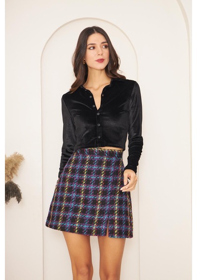 Darlin Moda Kadın Siyah Kadife Uzun Kollu Crop Gömlek Dm9003 Siyah