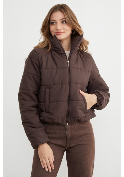 Fullamoda Beli Lastikli Crop Şişme Mont Kahve