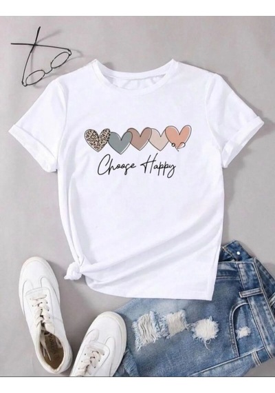 Unisex Pamuklu Choose Happy Kalp Ön Baskılı Tasarım Tshirt Beyaz