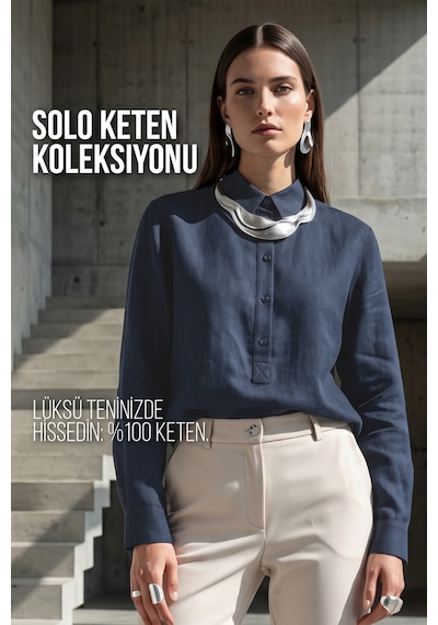 Goffra Kadın Solo %100 Doğal Keten Gömlek -- Klasik Yaka Basic Minimalist Tasarım Lacivert W208-k0401-03