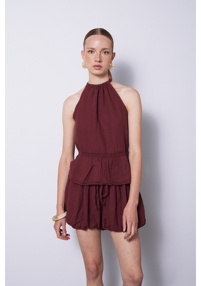 Dantel Detaylı Müslin Top Bordo
