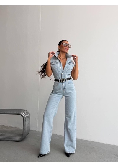 Herton Kadın Kolsuz Yüksek Bel Geniş Paça Denim Tulum