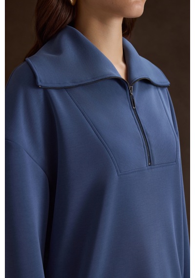 Aker Yakası Ve Yan Yırtmaçları Fermuarlı Modal Sweatshirt İndigo İndigo