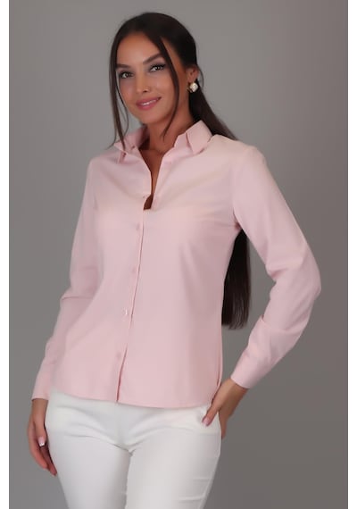 Sweetness Kadın Pudra Pembe Likralı Uzun Kol Pamuklu Klasik Gömlek Pembe