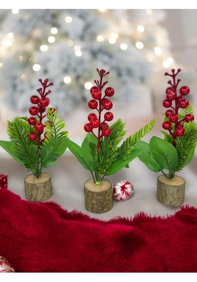 3lü Set Yapay Çiçek Yılbaşı Çiçeği Kokinalı Kütük Saksılı Dekoratif Süs 20cm