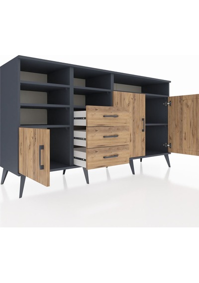 Kronos Konsol 7 Raflı 3 Çekmeceli 3 Kapaklı 176x59x99 Antrasit-ça Antrasit-çam