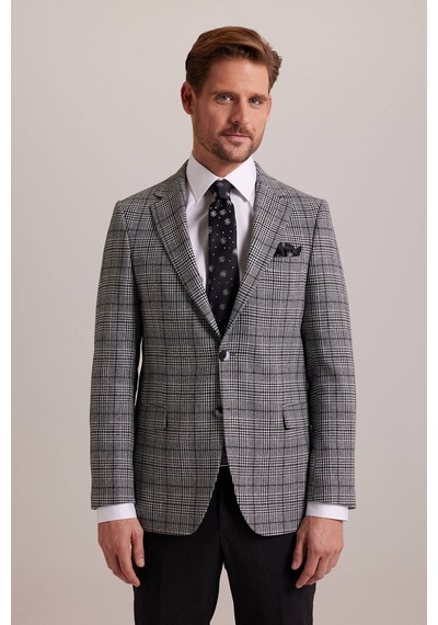 Ysf Erkek Gri Kışlık Yünlü Regular Fit Ekose Desenli Tek Ceket 001