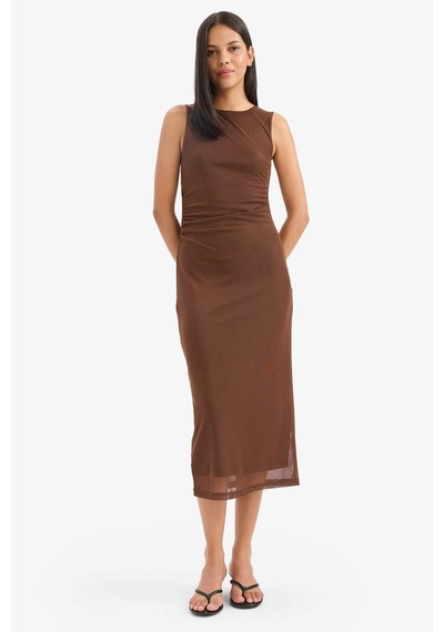 Defacto Bodycon Vücudu Saran Yuvarlak Yaka Tül Kolsuz Midi Elbise D8036ax25aubn320 Kahve